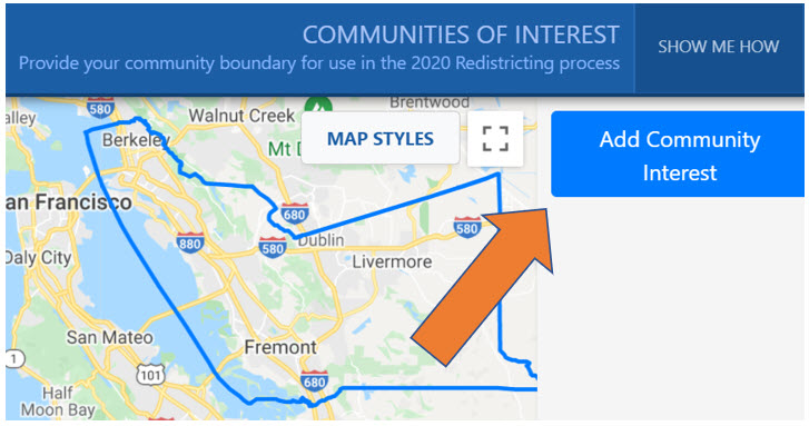 Screenshot from the mapping application with an arrow pointing at the Add Community Interest button.